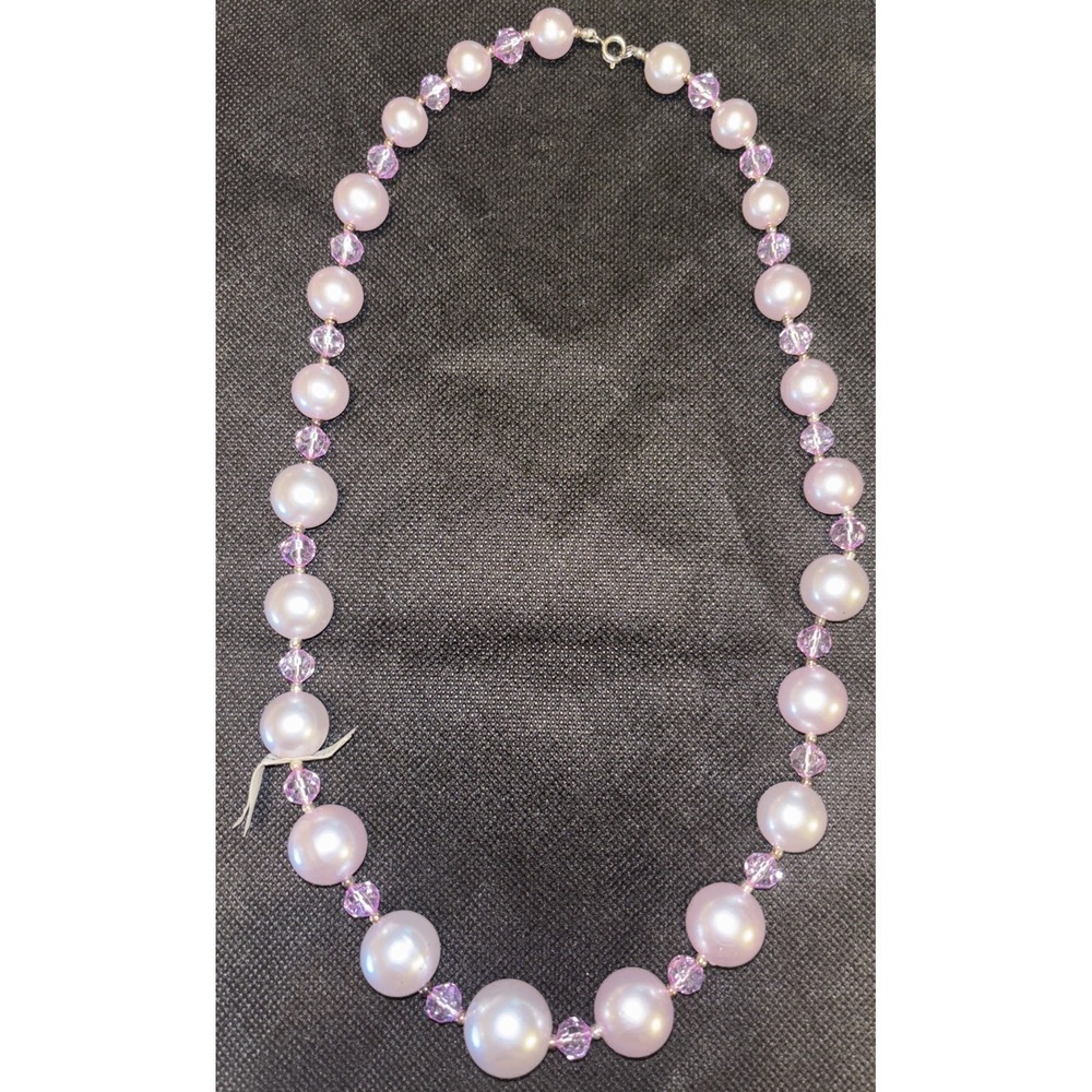 Vintage Large Faux Pearl & Crystal Lavender Purple Bead Necklace 24" Hong Kong